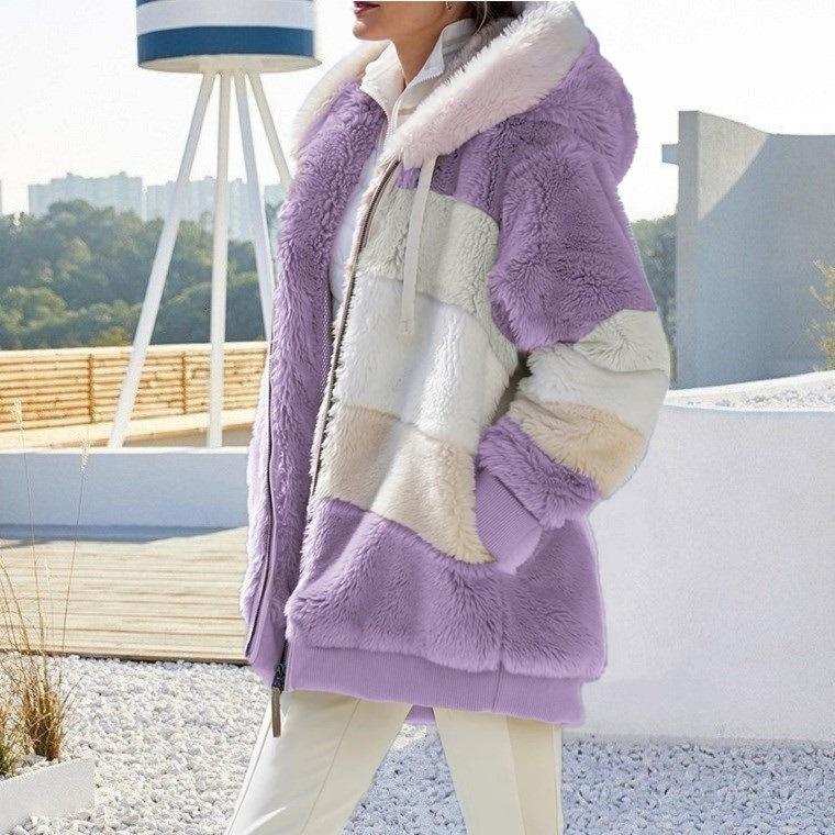 Europa Vereinigten Staaten 2024 Herbst Winter Warme Plüsch Zipper Tasche Mit Kapuze Lose Jacke Frauen XL violett von Joom DACH