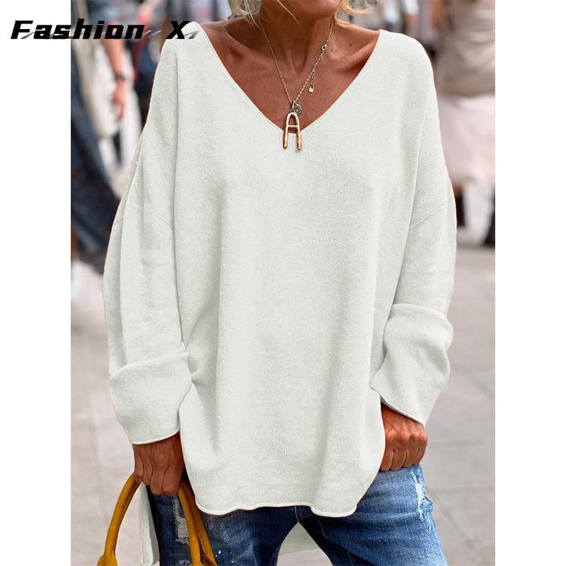 Europa und die Vereinigten Staaten Damen einfarbig V-Ausschnitt Langarm lose lässig bequeme T-Shirt Tops XL weiß von Joom DACH