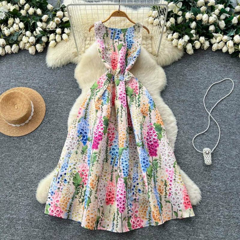 Europäisch Amerikanischer Stil Druck Rundhals Ärmelloses Kleid Damen High-End Nische Geburtstagsparty Taille Slim Fit Puff Maxi Kleid XXL von Joom DACH