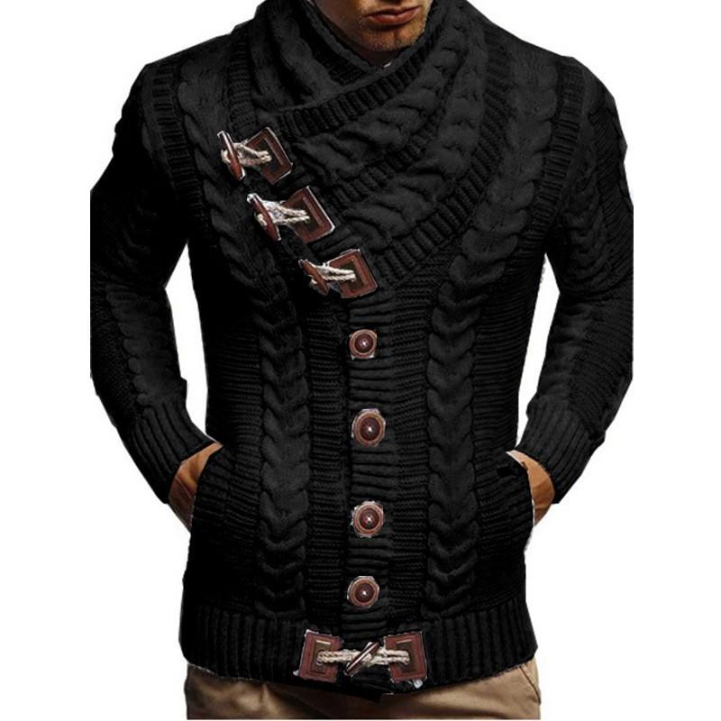 Europäische, amerikanische Herbst- und Winterkleidung für Herren, Rollkragenpullover mit Hornknopf, Lederknopf, Pullover, Strickjacke für Herren L schwarz von Joom DACH