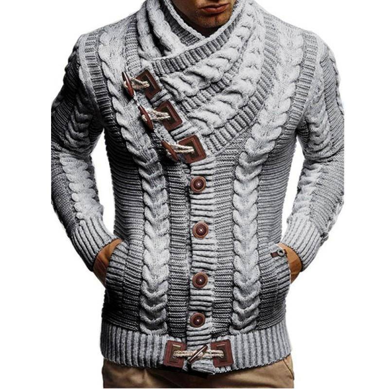 Europäische, amerikanische Herbst- und Winterkleidung für Herren, Rollkragenpullover mit Hornknopf, Lederknopf, Pullover, Strickjacke für Herren XL von Joom DACH