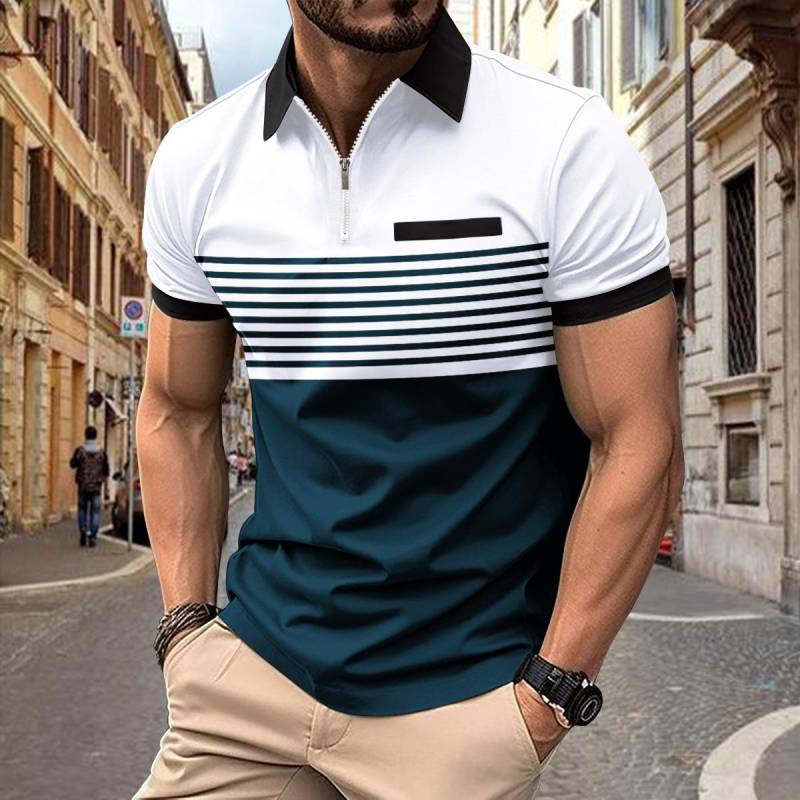 Europäische Größe Sommer Poloshirts Reißverschluss Herren Kurzarm Top Revers Patchwork Gestreiftes bedrucktes Poloshirt Übergröße XXL weiß von Joom DACH