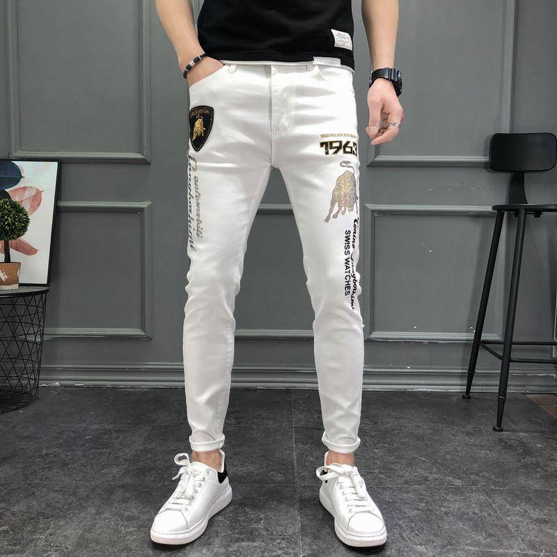 Europäische Herren Slim Jeans in Weiß mit aufgestickten Rauten – Trendy Sommer Style 32 von Joom DACH