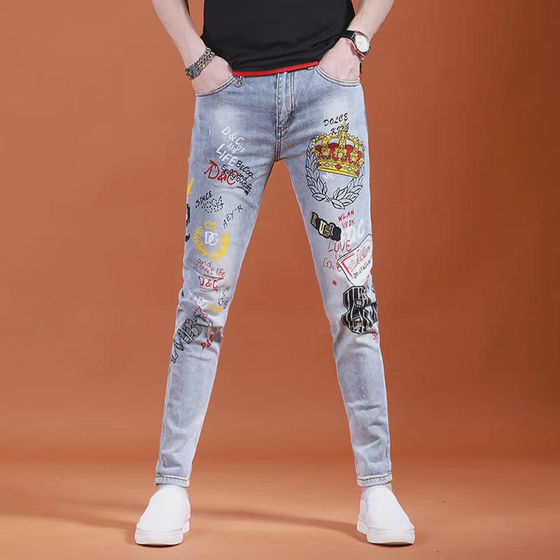 Europäische Luxus Herren Slim Fit Bestickte Skinny Jeans 32 von Joom DACH