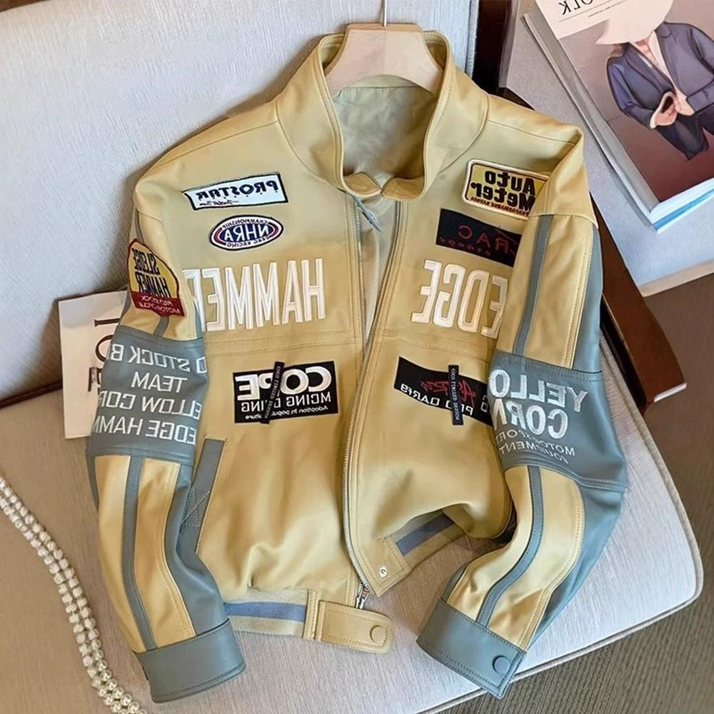 Europäische und amerikanische Motorrad-Lederjacke, strapazierfähige bestickte Baseballjacke, Herren- und Damen-Herbst- und Winter-Loose-Jacke L khaki von Joom DACH