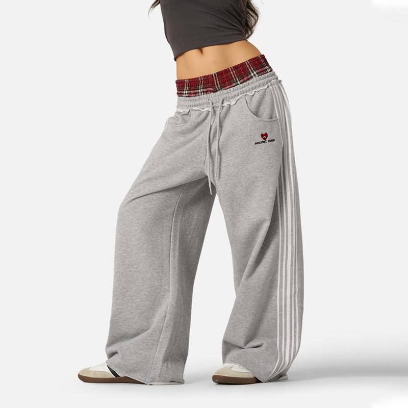 Europäische und amerikanische Retro-Sport-Casual-Hose mit lockerer Passform für Damen und Herren, doppelte Taille, Fake-Zweiteiler-Sweathose L graue von Joom DACH