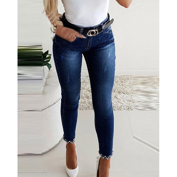 Europäische und amerikanische Slim Fit-Jeans für schlankeres Aussehen bei Frauen, Schlitz mit selbstklebenden Schmetterlingsblumen und Nagelperlen, Bleistifthose mit kleinem Bein XXL dunkelblaue von Joom DACH