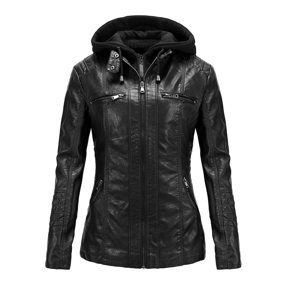 Europäische und amerikanische langärmelige Motorrad-Lederjacke für Damen aus PU-Leder, kurze Damen-Lederjacke im Slim Fit mit abnehmbarer Kapuze M von Joom DACH