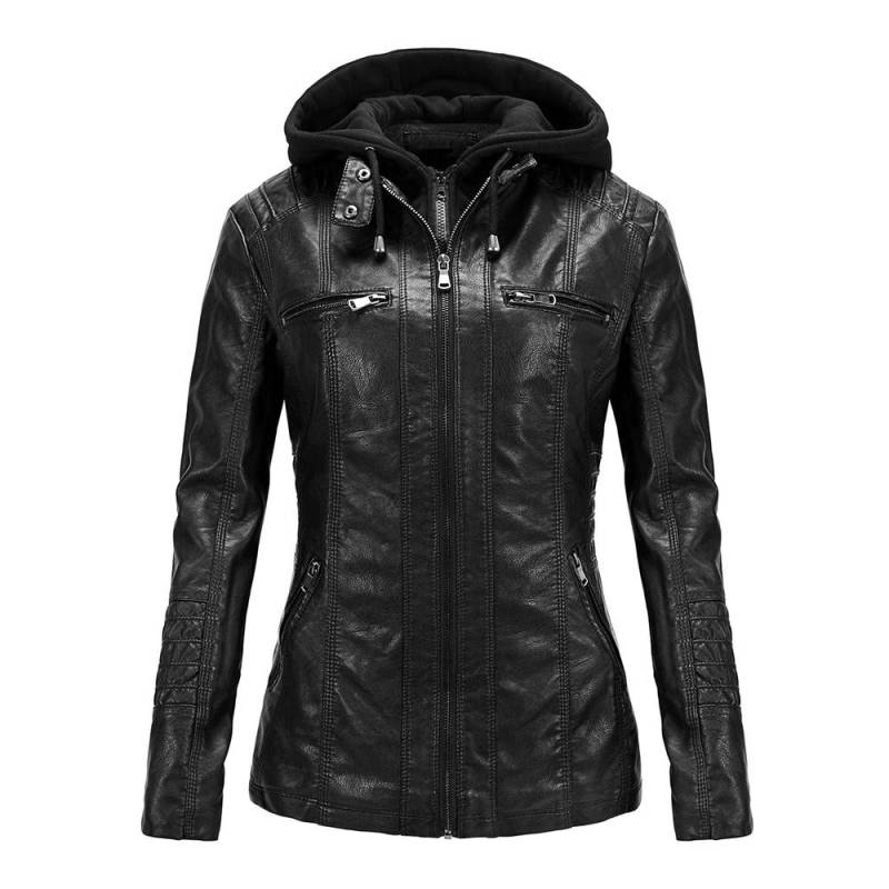 Europäische und amerikanische langärmelige Motorrad-Lederjacke für Damen aus PU-Leder, kurze Damen-Lederjacke im Slim Fit mit abnehmbarer Kapuze M von Joom DACH