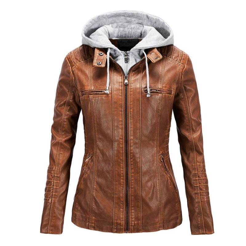 Europäische und amerikanische langärmelige Motorrad-Lederjacke für Damen aus PU-Leder, kurze Damen-Lederjacke im Slim Fit mit abnehmbarer Kapuze XXL von Joom DACH