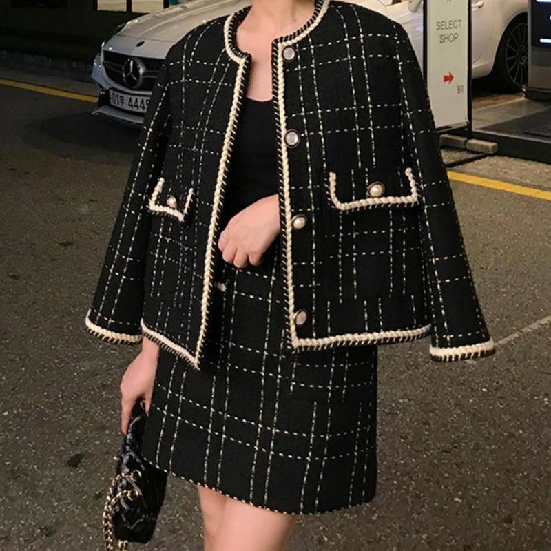 Europäischen Stil Herbst Winter 2 Stück Anzug Frauen Kurze Woolen Tweed Jacke Mantel Bodycon Mini Rock Set Frauen Zwei Stück outfits S schwarz von Joom DACH