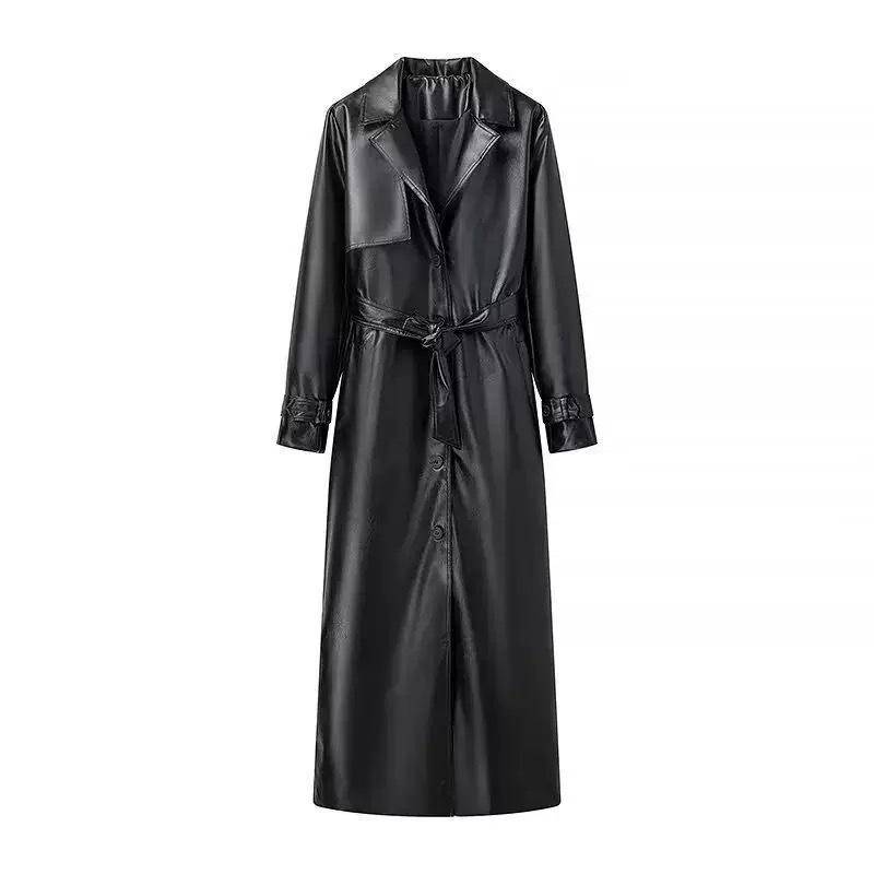 Europäischer & Amerikanischer Stil Damen Trenchcoat aus Kunstleder mit Gürtel, Reverskragen, Herbst/Winter Kollektion M schwarz von Joom DACH