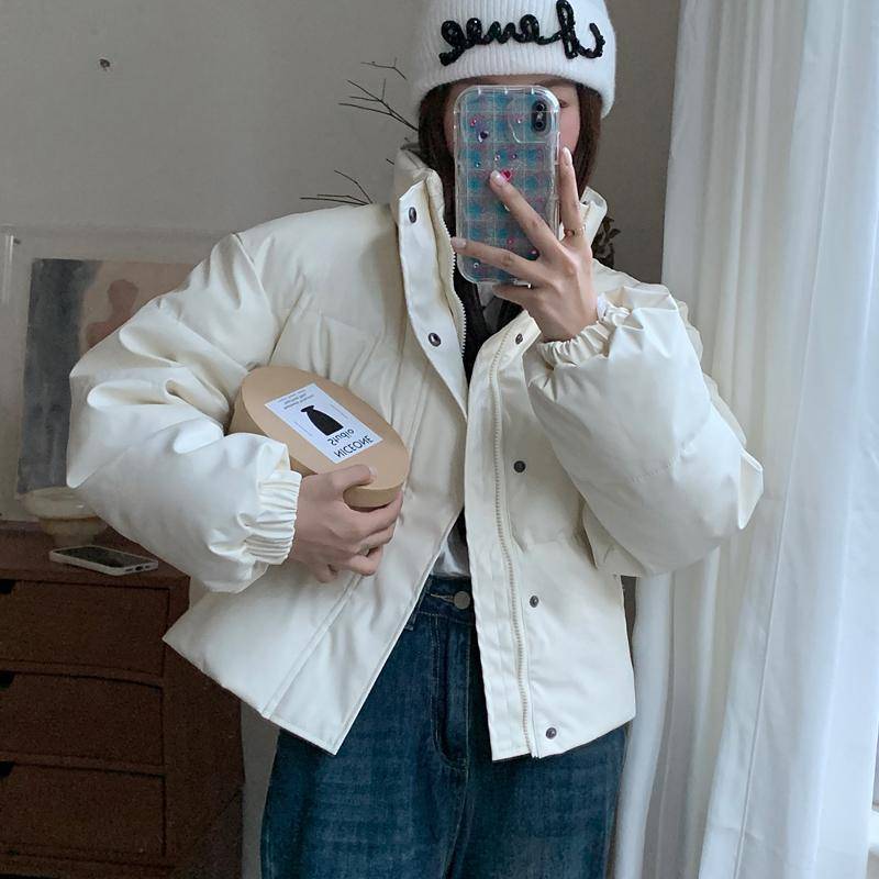 Europäischer und amerikanischer kurzer baumwollgepolsterter Mantel für Damen 2025 Winter locker schlankmachend verdickt PU-Leder Brotmantel L weiß von Joom DACH