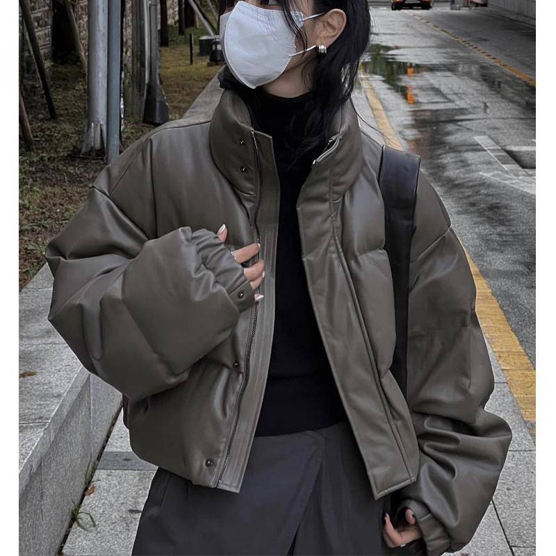 Europäischer und amerikanischer kurzer baumwollgepolsterter Mantel für Damen 2025 Winter locker schlankmachend verdickt PU-Leder Brotmantel S grün von Joom DACH