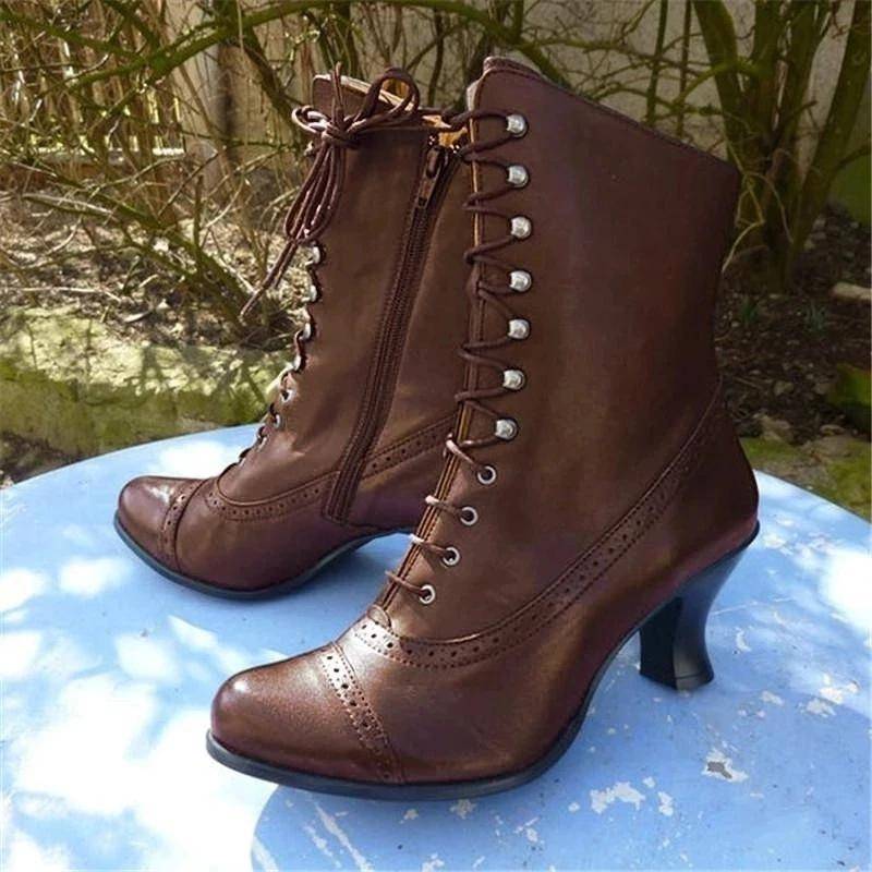 Europäischer Stil High Heel Übergröße Damen Britische Martin Stiefel Dicker Absatz Kurze Stiefel Mittelgroße Lokomotivstiefel Damenstiefel 37 braun von Joom DACH