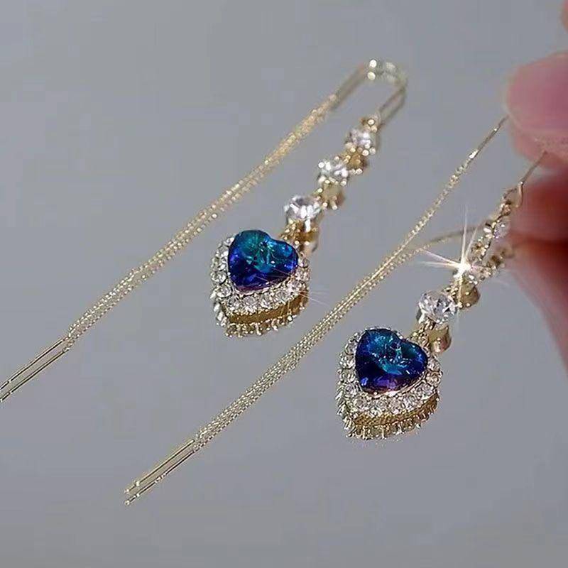 Exquisite Blau Herz Form Zirkon Ohrringe Für Frauen Luxus Lange Quaste Ohr Linie Baumeln Ohrring Hochzeit Partei Schmuck Für Frauen blau von Joom DACH