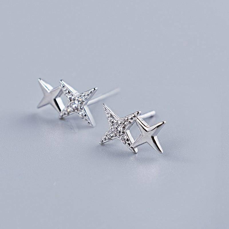 Exquisite Mikro-Intarsien-Ohrringe mit vierzackigem Stern für Damen, winziger süßer Bankett-Schmuck silber von Joom DACH