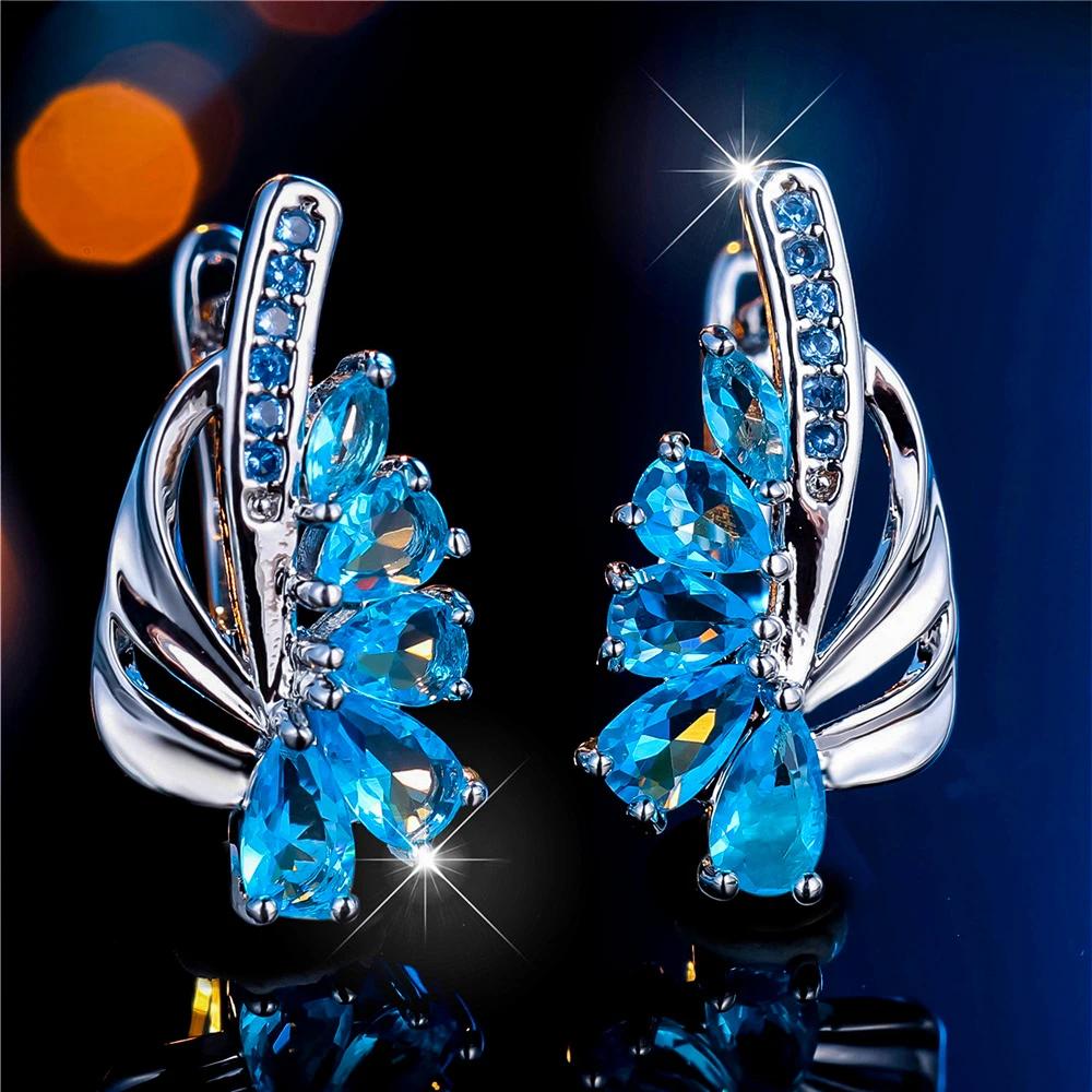 Exquisite blau-grüne Zirkonia Creolen für Frauen in Silber Farbe Blume baumelnde Ohrringe eleganter Partyschmuck aqua blau/silber von Joom DACH