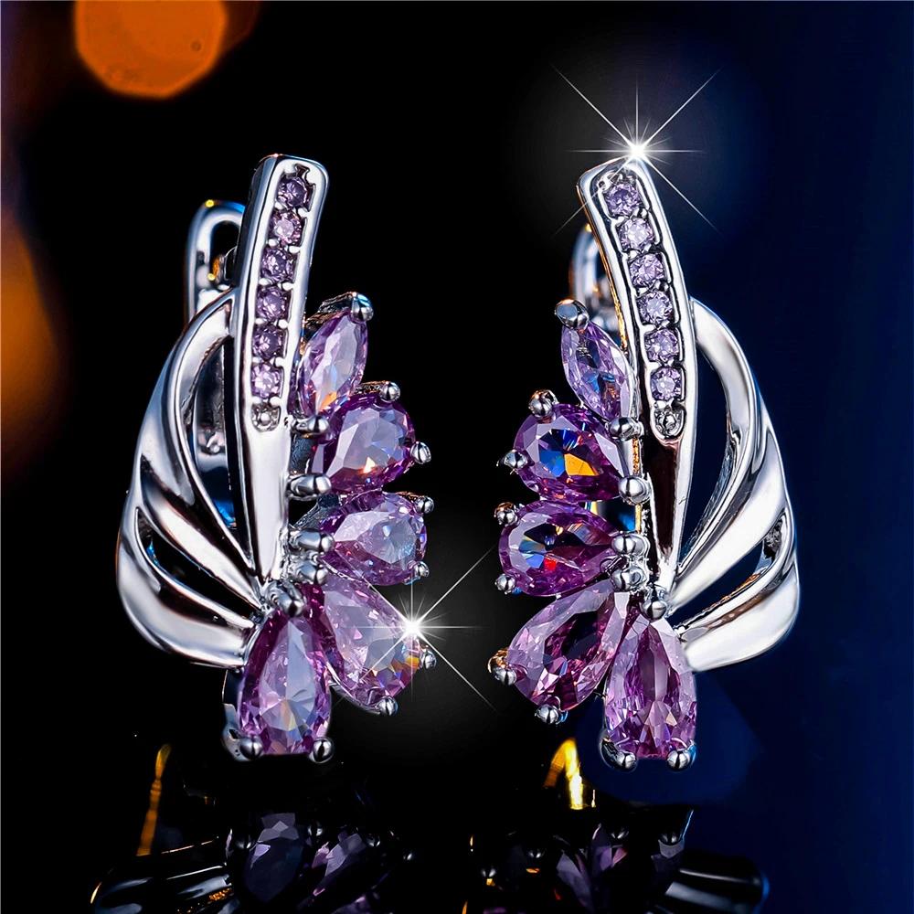 Exquisite blau-grüne Zirkonia Creolen für Frauen in Silber Farbe Blume baumelnde Ohrringe eleganter Partyschmuck violett/silber von Joom DACH