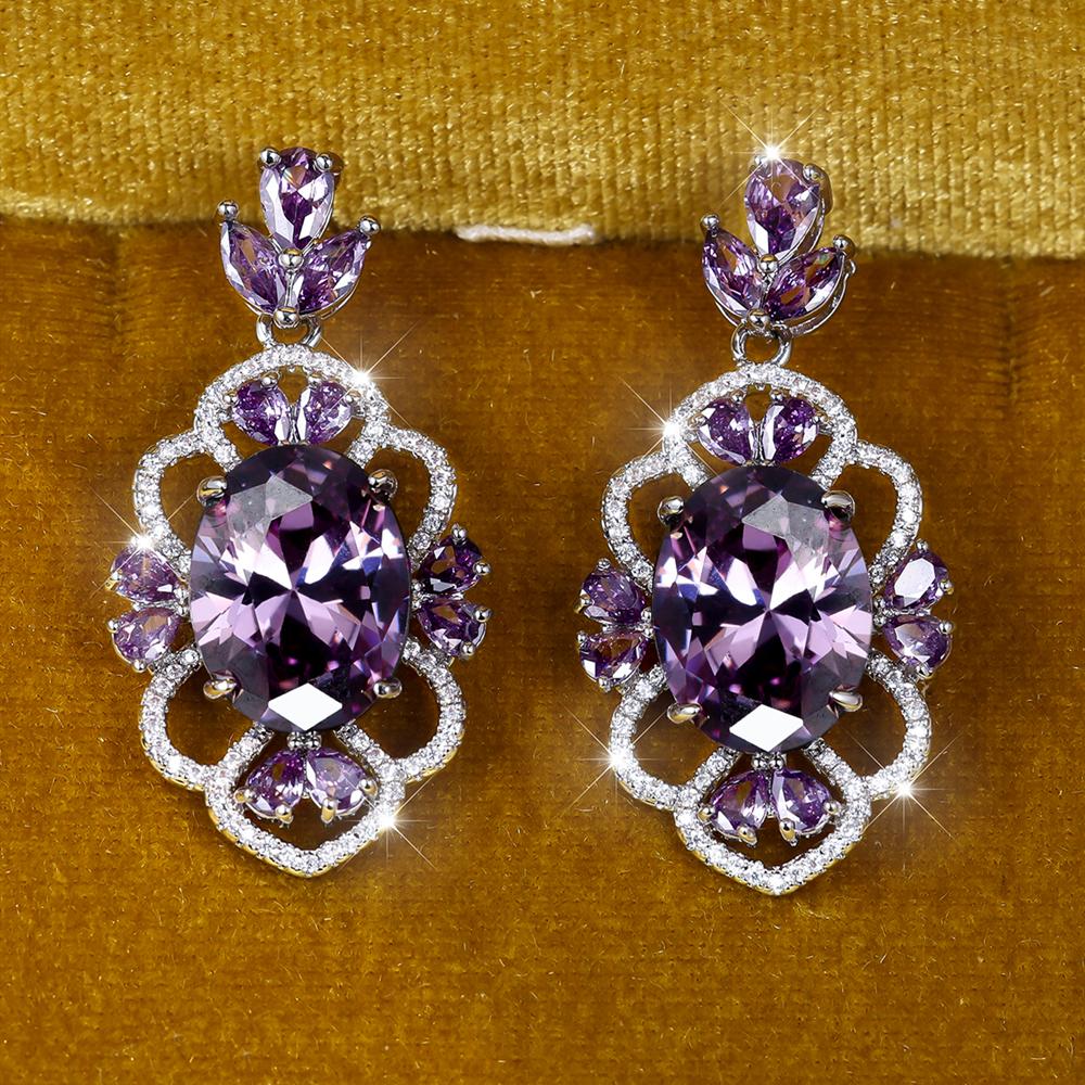 Exquisite ovale geschliffene lila Zirkonia-Kristall-Tropfenohrringe für Frauen, modische silberfarbene Blumen-Ohrhänger, Hochzeitsschmuck violett von Joom DACH