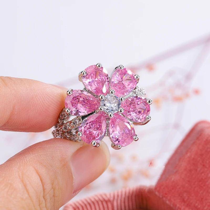 Exquisite silberne Farbe, Pfirsichblüten-Ringe für Damen, modisch, rosa Blumen, Damen-Verlobungsring, Party-Schmuck 8 rosa von Joom DACH