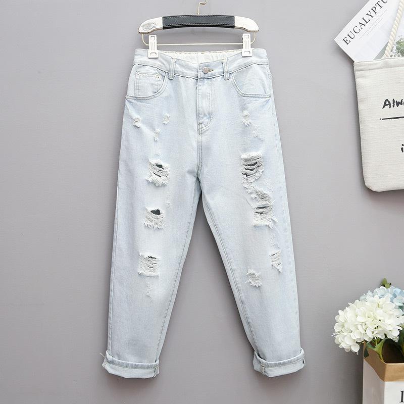 Extra große zerrissene Jeans für Damen, lockere und dünne Haremshose, Hose mit weitem Bein und elastischer Taille 5XL hellblaue von Joom DACH