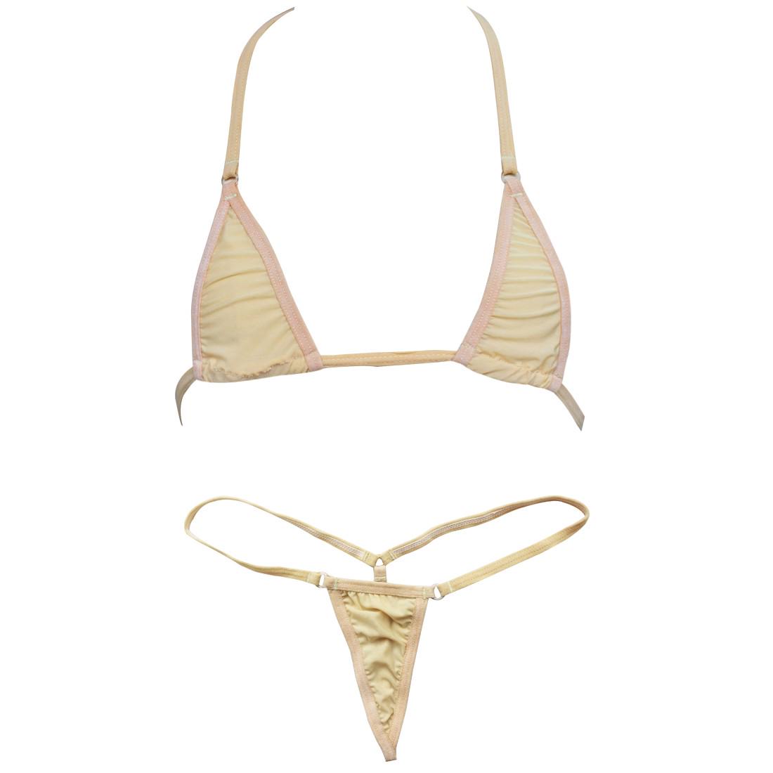 Extremer Damen-Bikini, 2-teilig, Neckholder-Oberteil, Micro-Tanga-Badebekleidung beige von Joom DACH