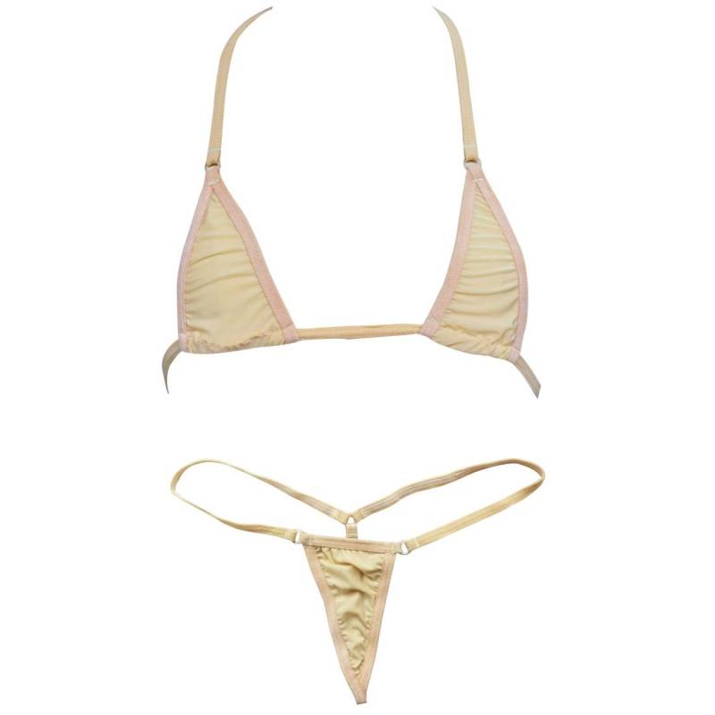 Extremer Damen-Bikini, 2-teilig, Neckholder-Oberteil, Micro-Tanga-Badebekleidung beige von Joom DACH
