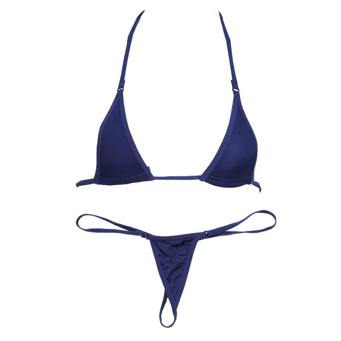 Extremer Damen-Bikini, 2-teilig, Neckholder-Oberteil, Micro-Tanga-Badebekleidung navy blau von Joom DACH
