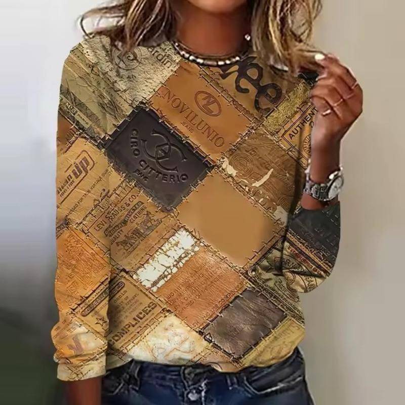 Fake Cowboys Splicing Print Langarm T-Shirts Mode Damen T-Shirt Tops Herbst Trend Baumwolle Damen Kleidung Pullover 5XL von Joom DACH