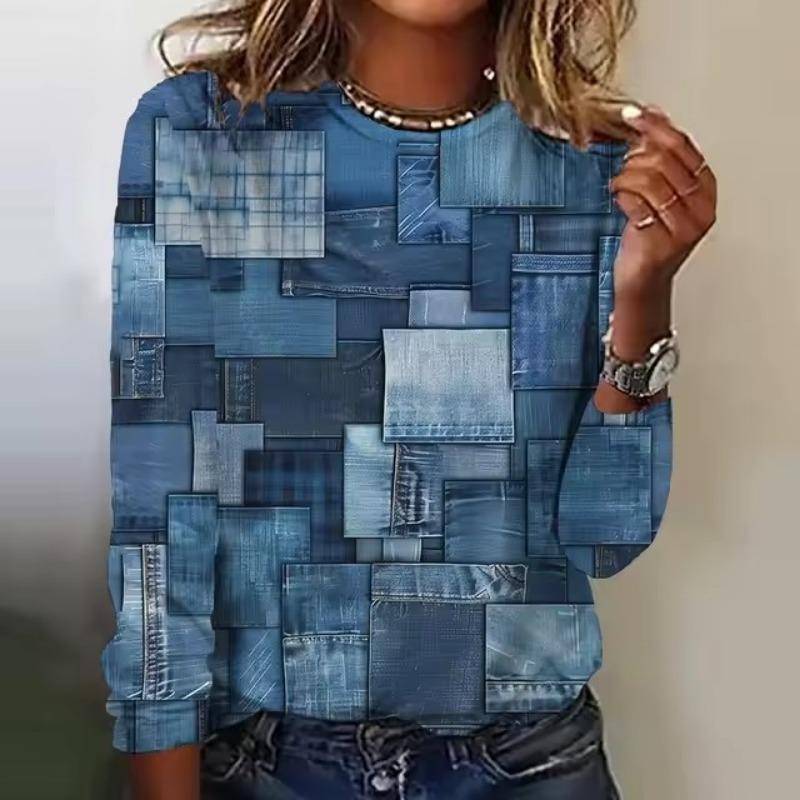 Fake Cowboys Splicing Print Langarm T-Shirts Mode Damen T-Shirt Tops Herbst Trend Baumwolle Damen Kleidung Pullover XL von Joom DACH