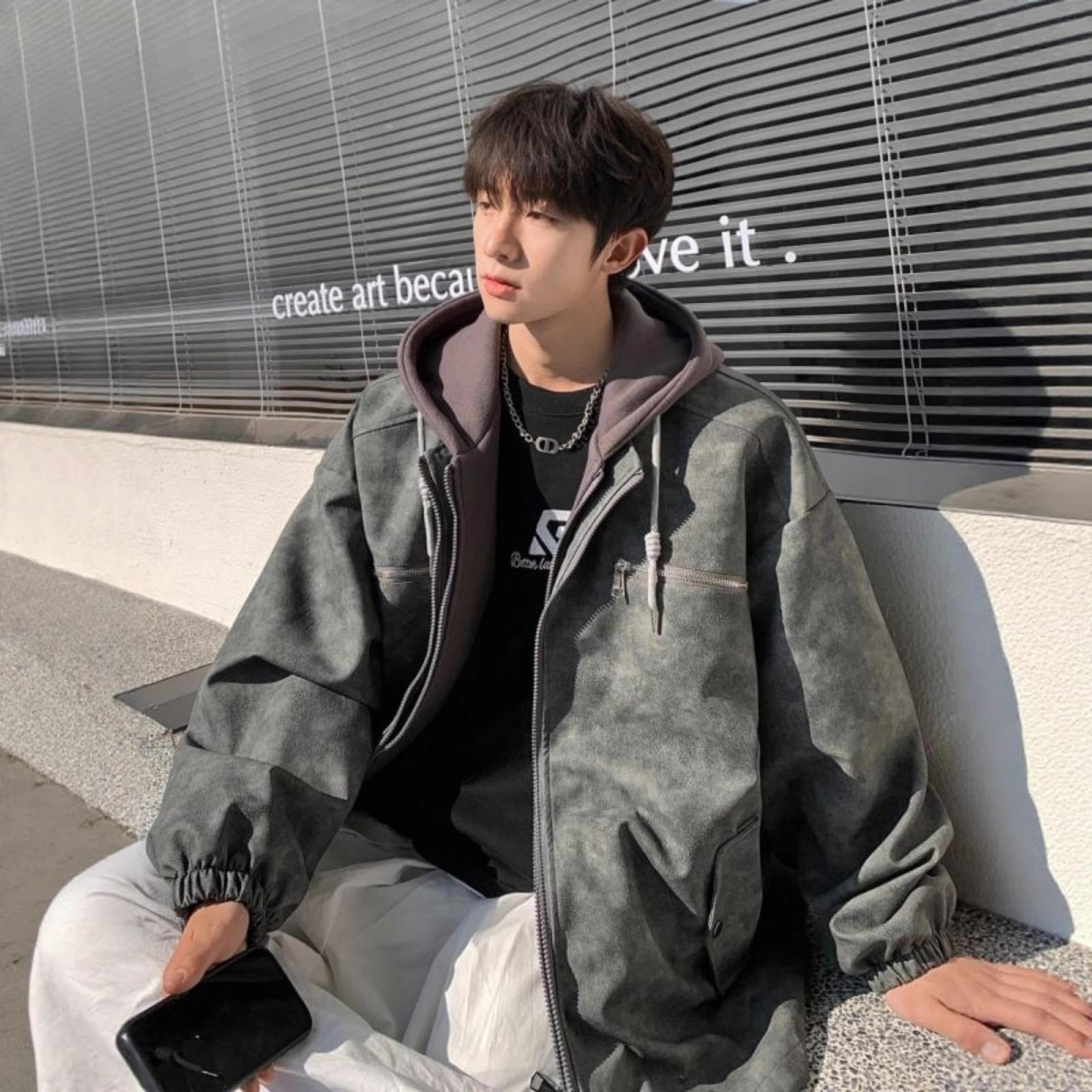 Fake Zweiteiliges Sweatshirt PU Lederjacke für Herren im Herbst Übergröße für dicke Leute Lockeres Design Schicke Jacke XXL grau von Joom DACH