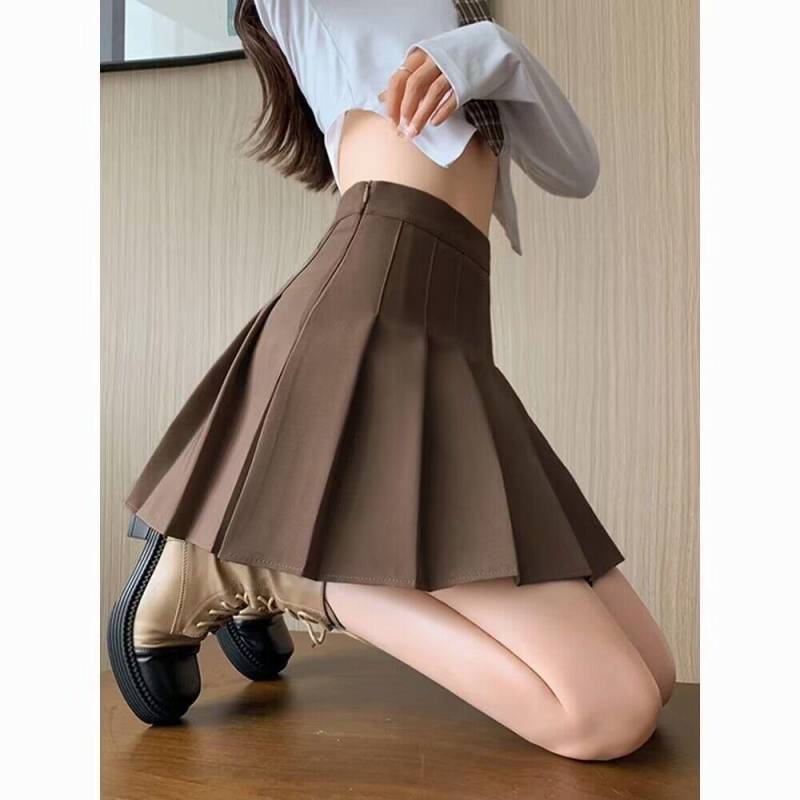 Faltenrock Damen Elastische Taille Schwarz Sommer A-Linienrock Kleiner Spice Academy Rock S kaffeebraun von Joom DACH