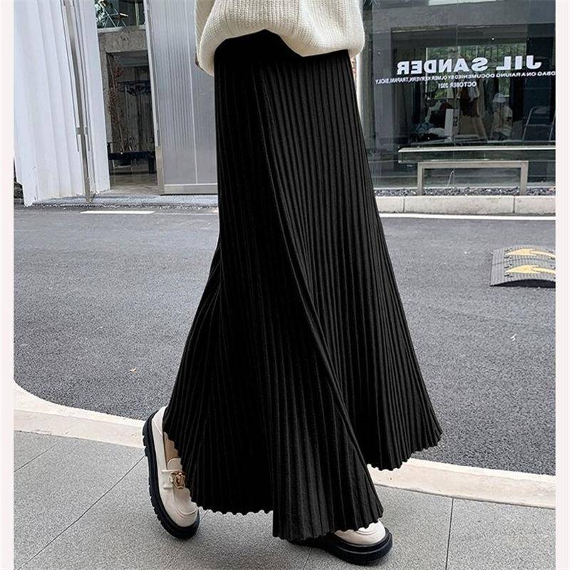 Faltenrock Damen Hohe Taille Schlank Vintage A-Linie Rock Neu Herbst Winter Einfach Klassisch Warm Weiblich Strick Langer Rock One Size schwarz von Joom DACH