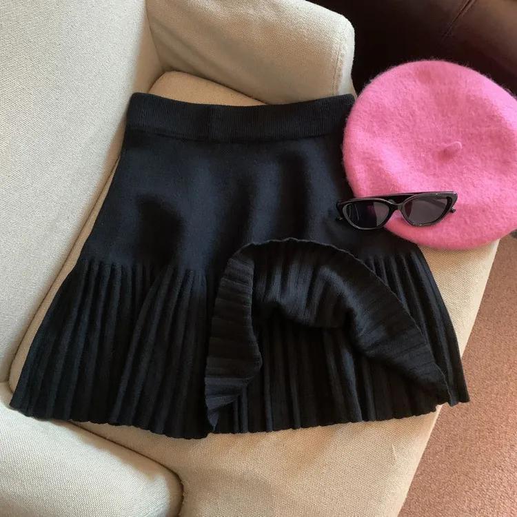 Faltenrock Damen Winter Hoch taillierter A-Linien-Strickrock Preppy Style Damenbekleidung L schwarz von Joom DACH