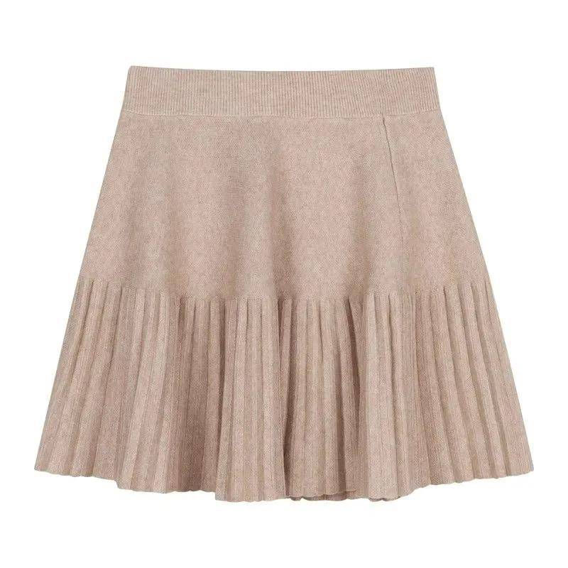 Faltenrock Damen Winter Hoch taillierter A-Linienrock Strickrock Preppy Style Damenbekleidung XXL khaki von Joom DACH