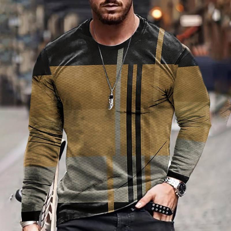 Farbblockieren Dreidimensionaler Druck Herren Herbst und Winter Lockeres Rundhals Langarm Freizeithemd Übergroße Retro-Kleidung 4XL von Joom DACH