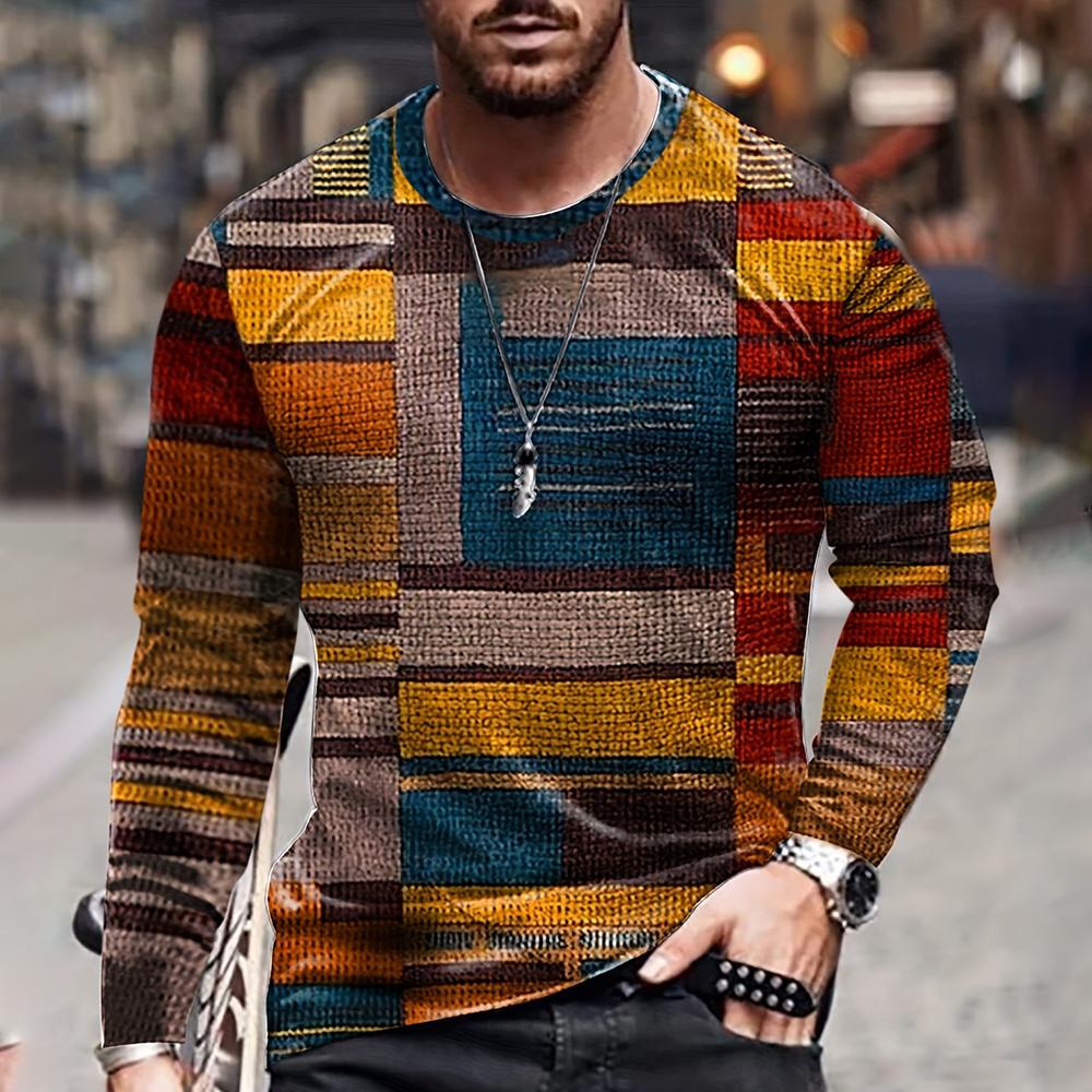 Farbblockieren Dreidimensionaler Druck Herren Herbst und Winter Lockeres Rundhals Langarm Freizeithemd Übergroße Retro-Kleidung 5XL von Joom DACH