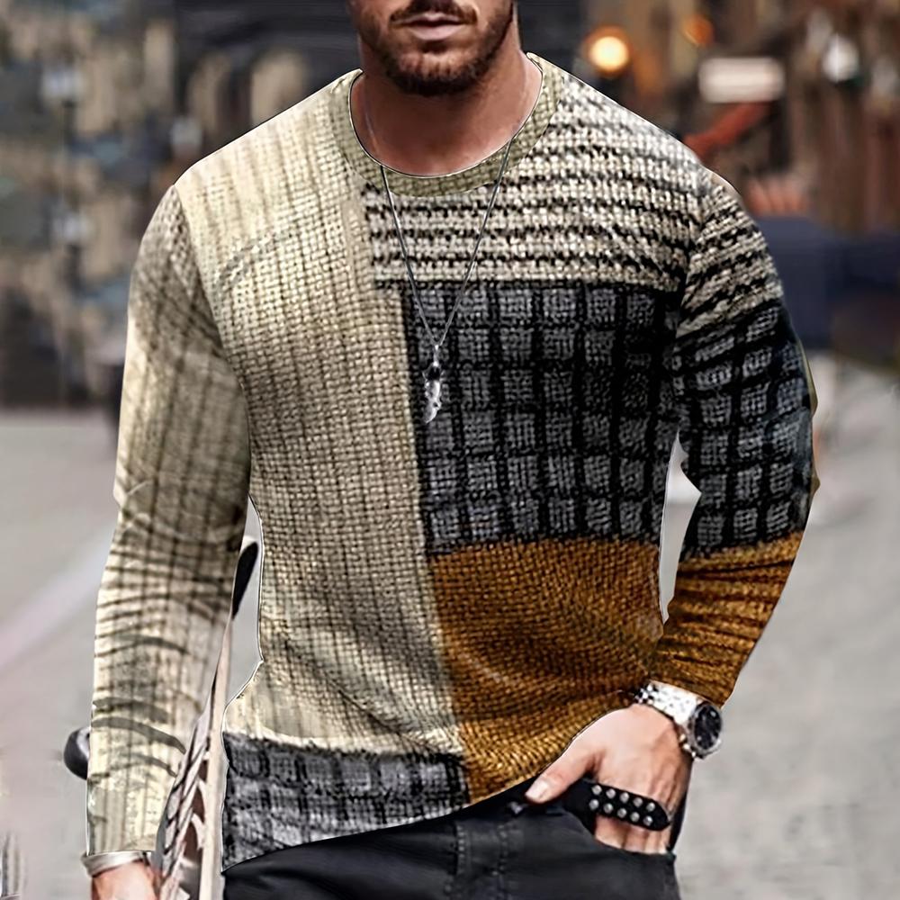 Farbblockieren Dreidimensionaler Druck Herren Herbst und Winter Lockeres Rundhals Langarm Freizeithemd Übergroße Retro-Kleidung 6XL von Joom DACH