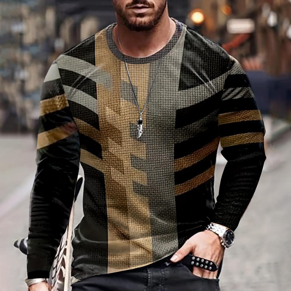 Farbblockieren Dreidimensionaler Druck Herren Herbst und Winter Lockeres Rundhals Langarm Freizeithemd Übergroße Retro-Kleidung 6XL von Joom DACH