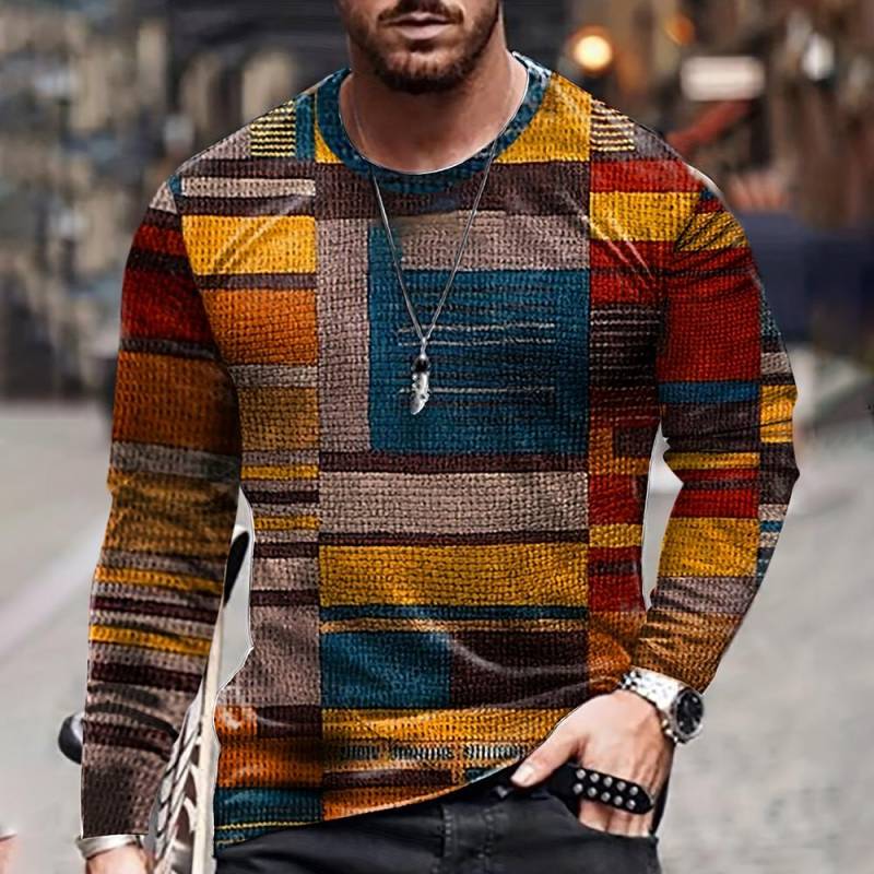 Farbblockieren Dreidimensionaler Druck Herren Herbst und Winter Lockeres Rundhals Langarm Freizeithemd Übergroße Retro-Kleidung 6XL von Joom DACH