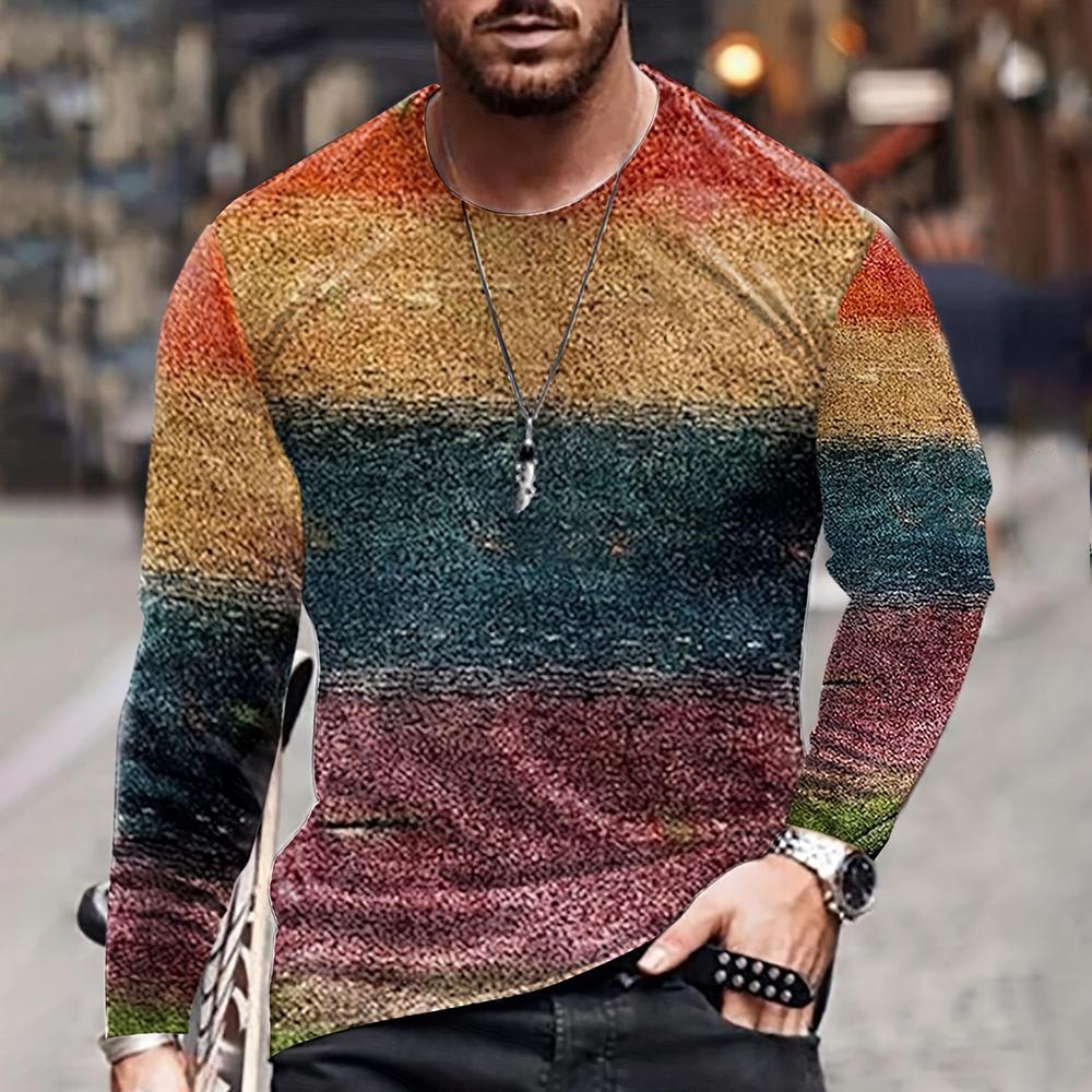 Farbblockieren Dreidimensionaler Druck Herren Herbst und Winter Lockeres Rundhals Langarm Freizeithemd Übergroße Retro-Kleidung XL von Joom DACH