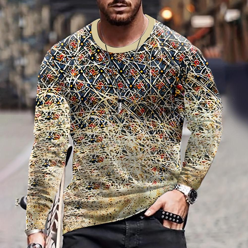 Farbblockieren Dreidimensionaler Druck Herren Herbst und Winter Lockeres Rundhals Langarm Freizeithemd Übergroße Retro-Kleidung XXL von Joom DACH