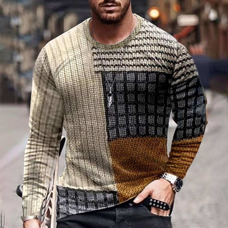 Farbblockieren Dreidimensionaler Druck Herren Herbst und Winter Lockeres Rundhals Langarm Freizeithemd Übergroße Retro-Kleidung XXXL von Joom DACH