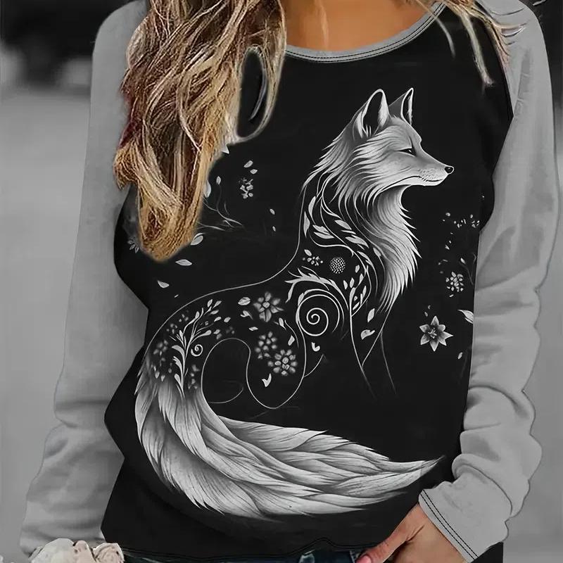 Farbblockierendes Sweatshirt mit Rundhalsausschnitt und langen Ärmeln für Damen, amerikanisches Retro-Oberteil mit lockerem Fuchs-Print, Herbst 3XL von Joom DACH