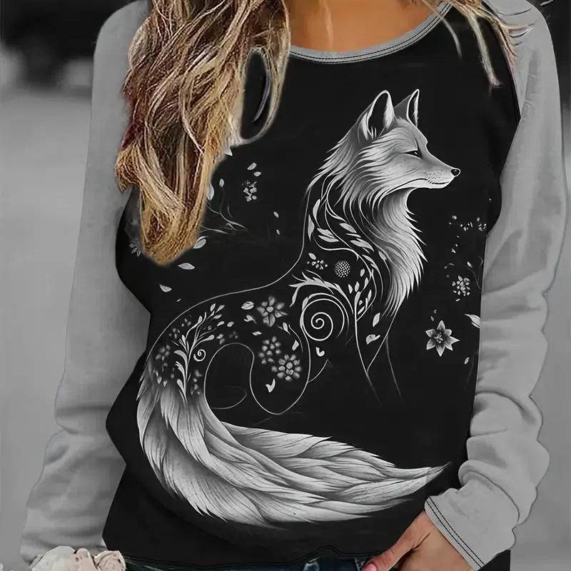 Farbblockierendes Sweatshirt mit Rundhalsausschnitt und langen Ärmeln für Damen, amerikanisches Retro-Oberteil mit lockerem Fuchs-Print, Herbst 3XL von Joom DACH