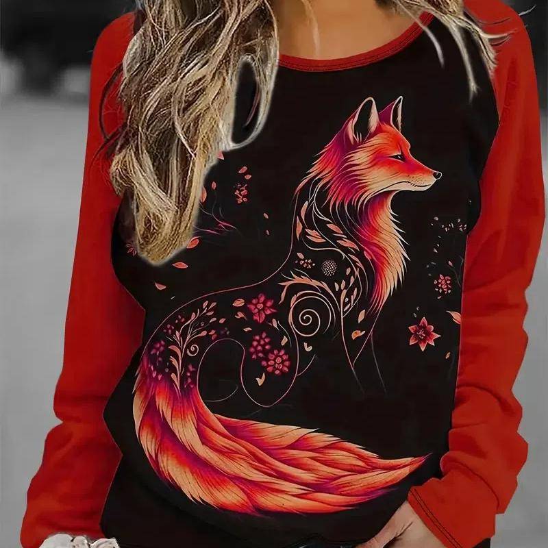 Farbblockierendes Sweatshirt mit Rundhalsausschnitt und langen Ärmeln für Damen, amerikanisches Retro-Oberteil mit lockerem Fuchs-Print, Herbst M von Joom DACH