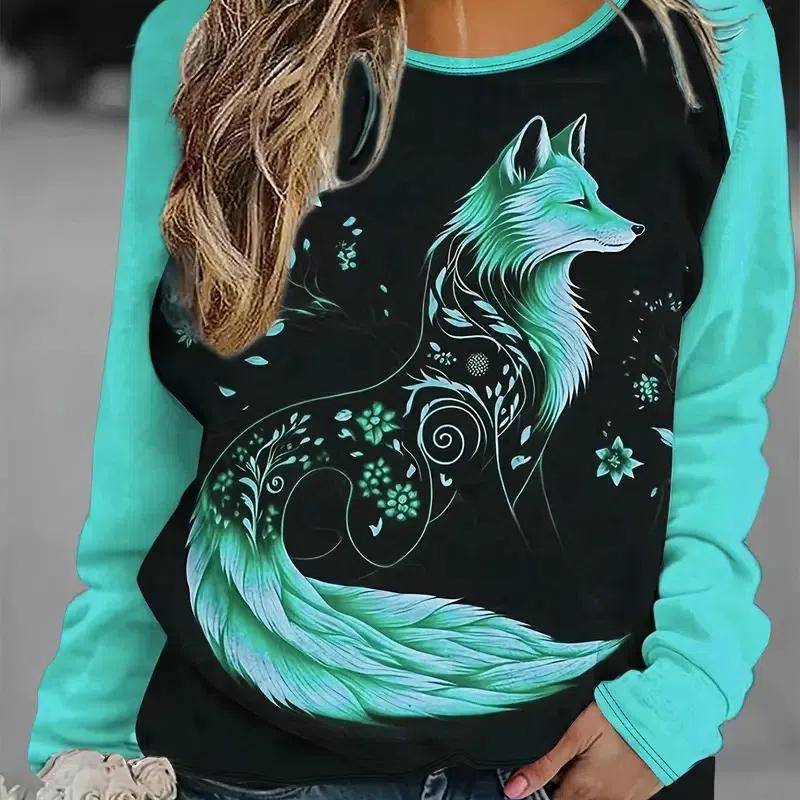 Farbblockierendes Sweatshirt mit Rundhalsausschnitt und langen Ärmeln für Damen, amerikanisches Retro-Oberteil mit lockerem Fuchs-Print, Herbst M von Joom DACH