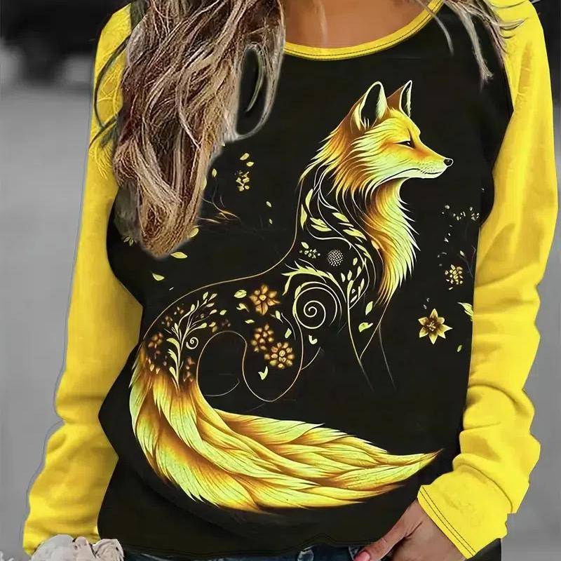 Farbblockierendes Sweatshirt mit Rundhalsausschnitt und langen Ärmeln für Damen, amerikanisches Retro-Oberteil mit lockerem Fuchs-Print, Herbst S von Joom DACH