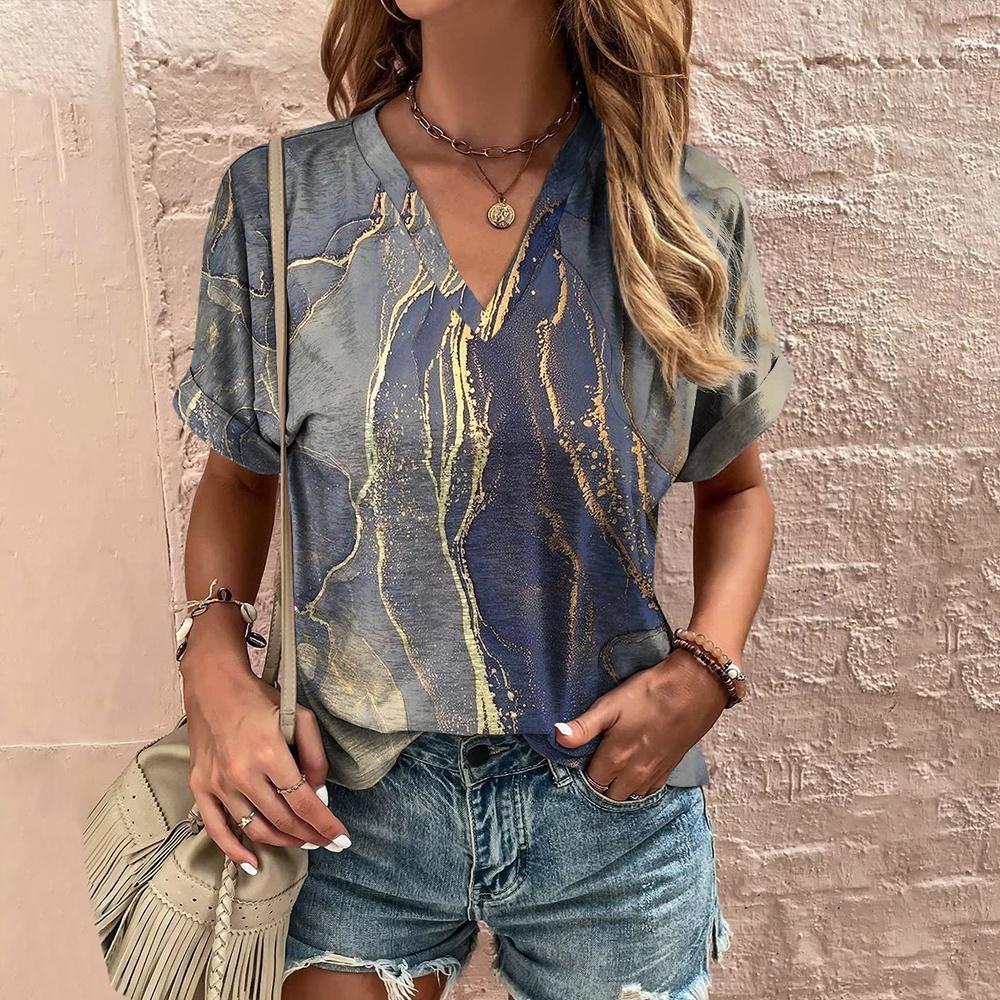 Farbenfrohes T-Shirt für Damen, gestreift, bedruckt, kurzärmlig, V-Ausschnitt, modische Bluse, lässige Sommeroberteile, übergroße Streetwear für den Alltag 4XL von Joom DACH